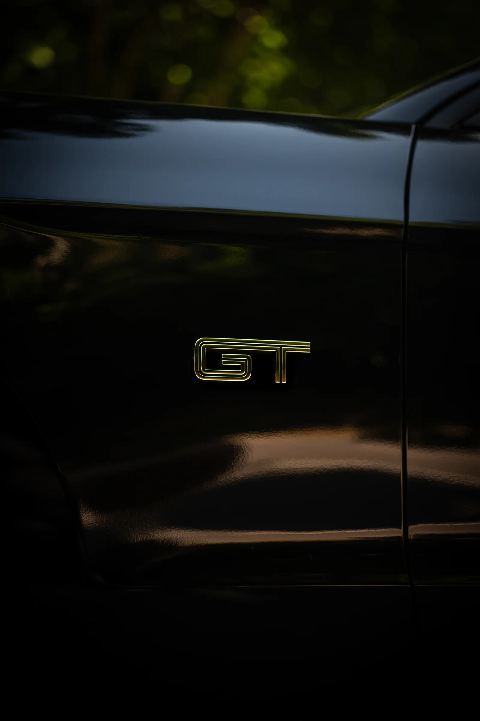 Chrome GT badge on a dark car flank